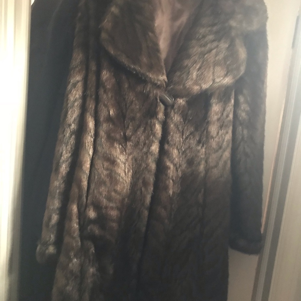 3/4 length brown faux fur coat